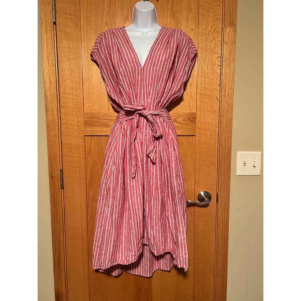 Max Studio Red White Striped Linen Cotton Blend V-Neck Midi Dress Sz XL Coastal